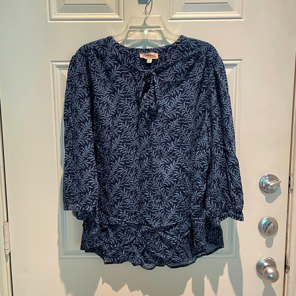 Philosophy Dark Blue Leaf Print Flowy Western Long Sleeve Blouse Top Size 3X